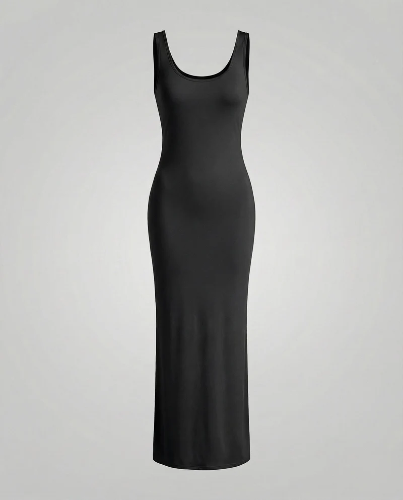 Damen nan langes figurformendes Maxikleid mit tiefem Rundhalsausschnitt ärmelloser Silhouette und taillierendem Stretchmaterial Nord Taschen