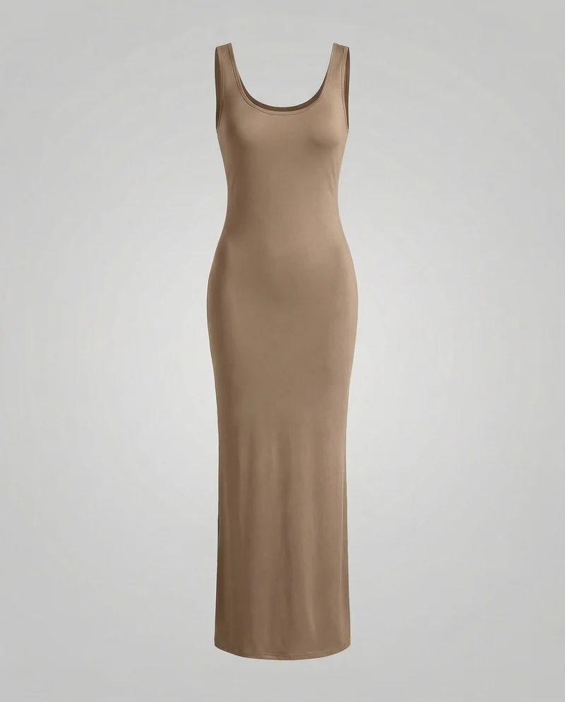 Damen nan langes figurformendes Maxikleid mit tiefem Rundhalsausschnitt ärmelloser Silhouette und taillierendem Stretchmaterial Nord Taschen