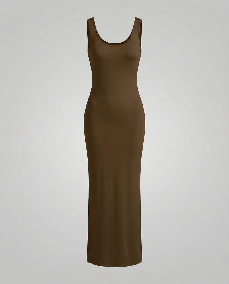 Damen nan langes figurformendes Maxikleid mit tiefem Rundhalsausschnitt ärmelloser Silhouette und taillierendem Stretchmaterial Nord Taschen