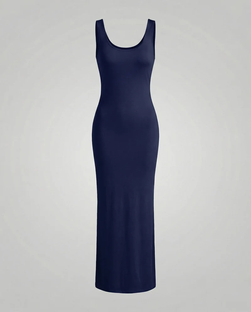 Damen nan langes figurformendes Maxikleid mit tiefem Rundhalsausschnitt ärmelloser Silhouette und taillierendem Stretchmaterial Nord Taschen