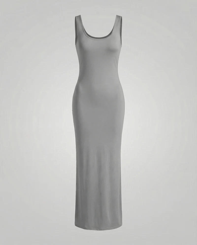 Damen nan langes figurformendes Maxikleid mit tiefem Rundhalsausschnitt ärmelloser Silhouette und taillierendem Stretchmaterial Nord Taschen