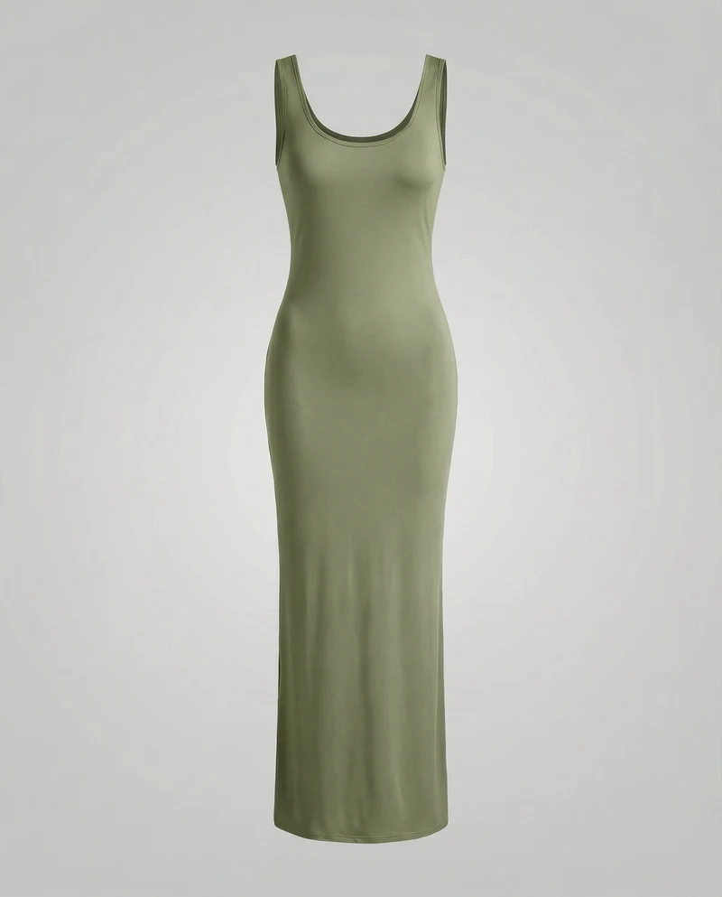 Damen nan langes figurformendes Maxikleid mit tiefem Rundhalsausschnitt ärmelloser Silhouette und taillierendem Stretchmaterial Nord Taschen
