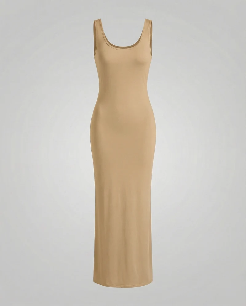 Damen nan langes figurformendes Maxikleid mit tiefem Rundhalsausschnitt ärmelloser Silhouette und taillierendem Stretchmaterial Nord Taschen