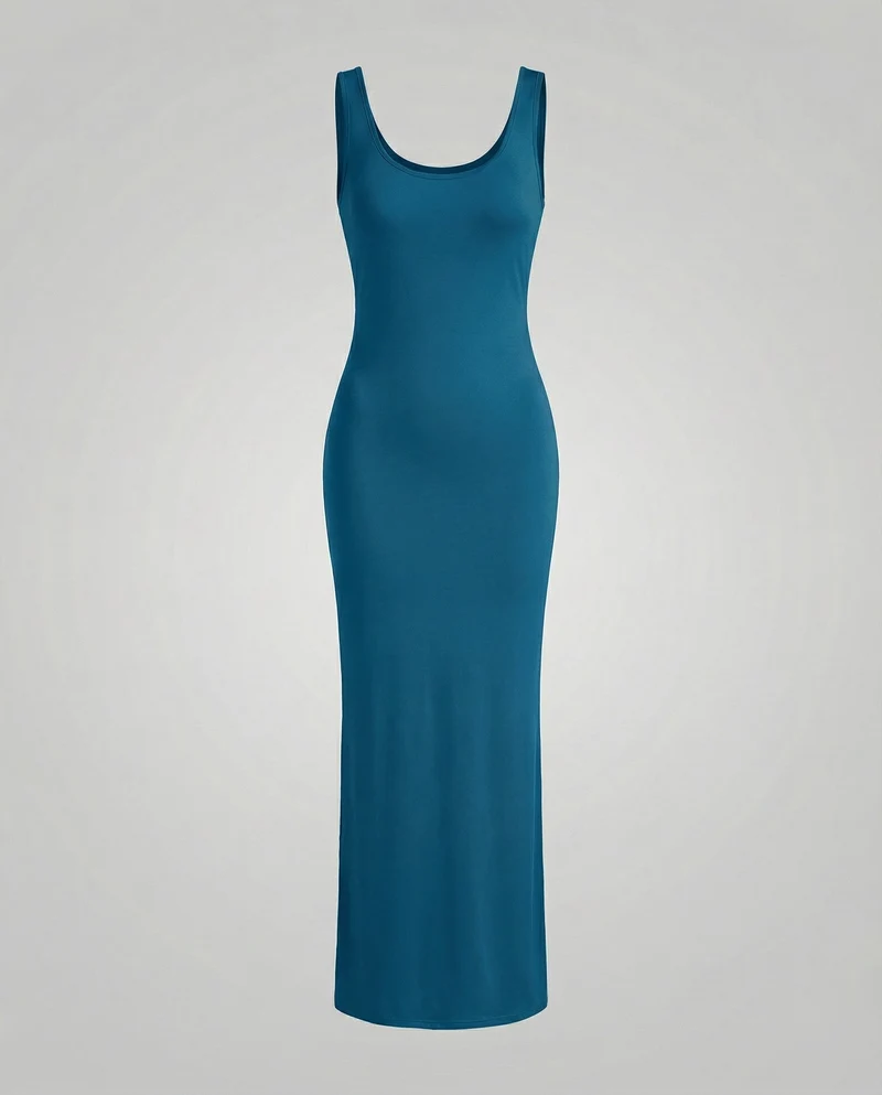 Damen nan langes figurformendes Maxikleid mit tiefem Rundhalsausschnitt ärmelloser Silhouette und taillierendem Stretchmaterial Nord Taschen