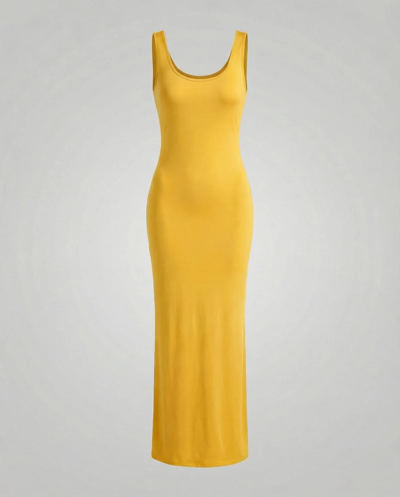 Damen nan langes figurformendes Maxikleid mit tiefem Rundhalsausschnitt ärmelloser Silhouette und taillierendem Stretchmaterial Nord Taschen