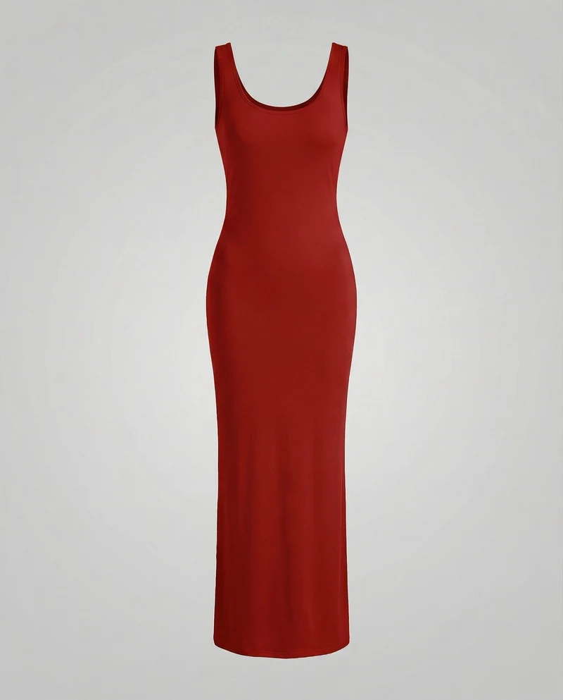 Damen nan langes figurformendes Maxikleid mit tiefem Rundhalsausschnitt ärmelloser Silhouette und taillierendem Stretchmaterial Nord Taschen