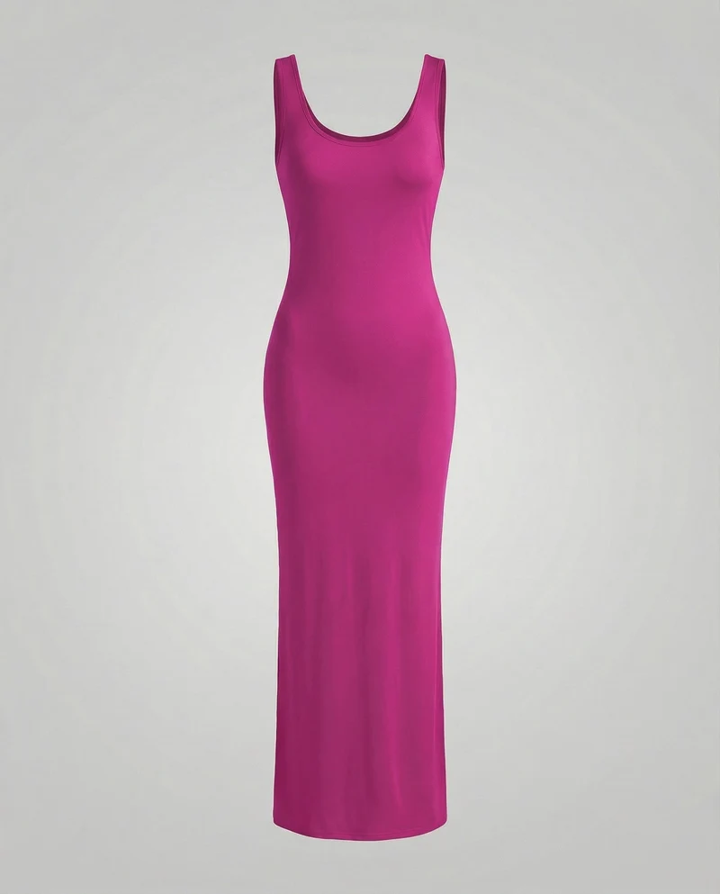 Damen nan langes figurformendes Maxikleid mit tiefem Rundhalsausschnitt ärmelloser Silhouette und taillierendem Stretchmaterial Nord Taschen