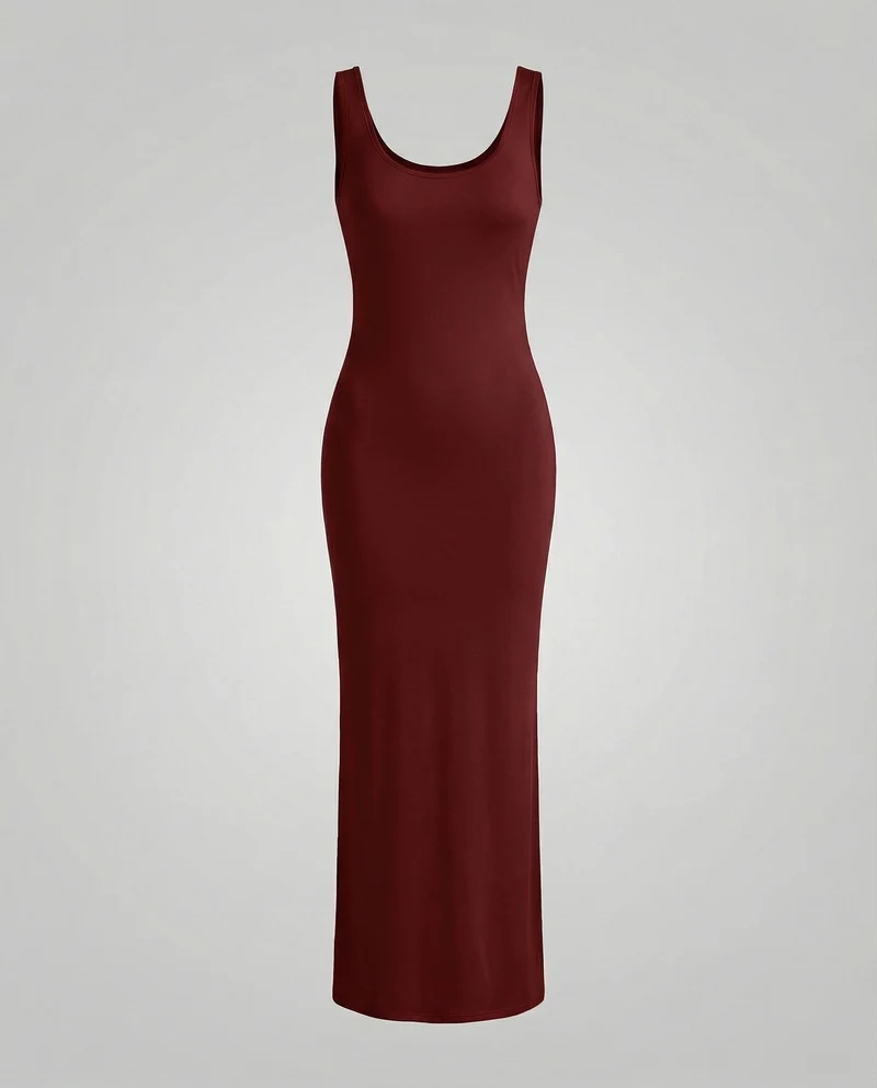 Damen nan langes figurformendes Maxikleid mit tiefem Rundhalsausschnitt ärmelloser Silhouette und taillierendem Stretchmaterial Nord Taschen
