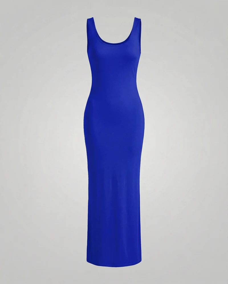 Damen nan langes figurformendes Maxikleid mit tiefem Rundhalsausschnitt ärmelloser Silhouette und taillierendem Stretchmaterial Nord Taschen