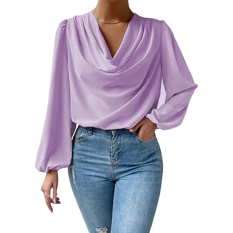 Damen elegante Bluse mit asymmetrischem Halsansatz und langen Ärmeln