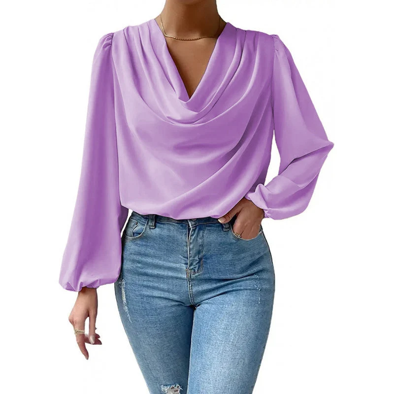 Damen elegante Bluse mit asymmetrischem Halsansatz und langen Ärmeln