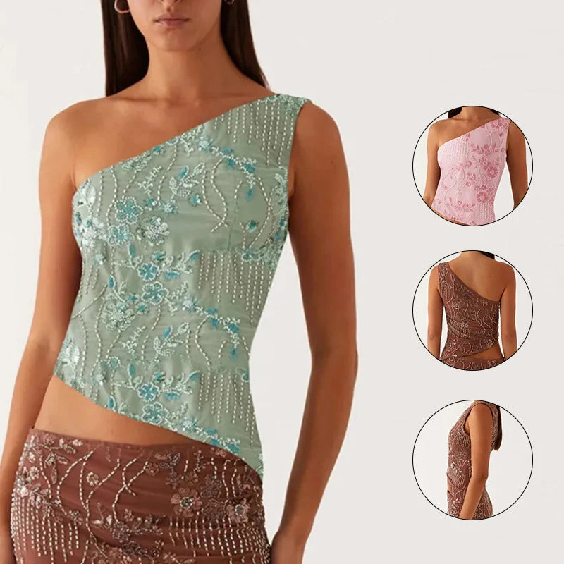Damen asymmetrisches Oberteil mit floralem Strassdesign