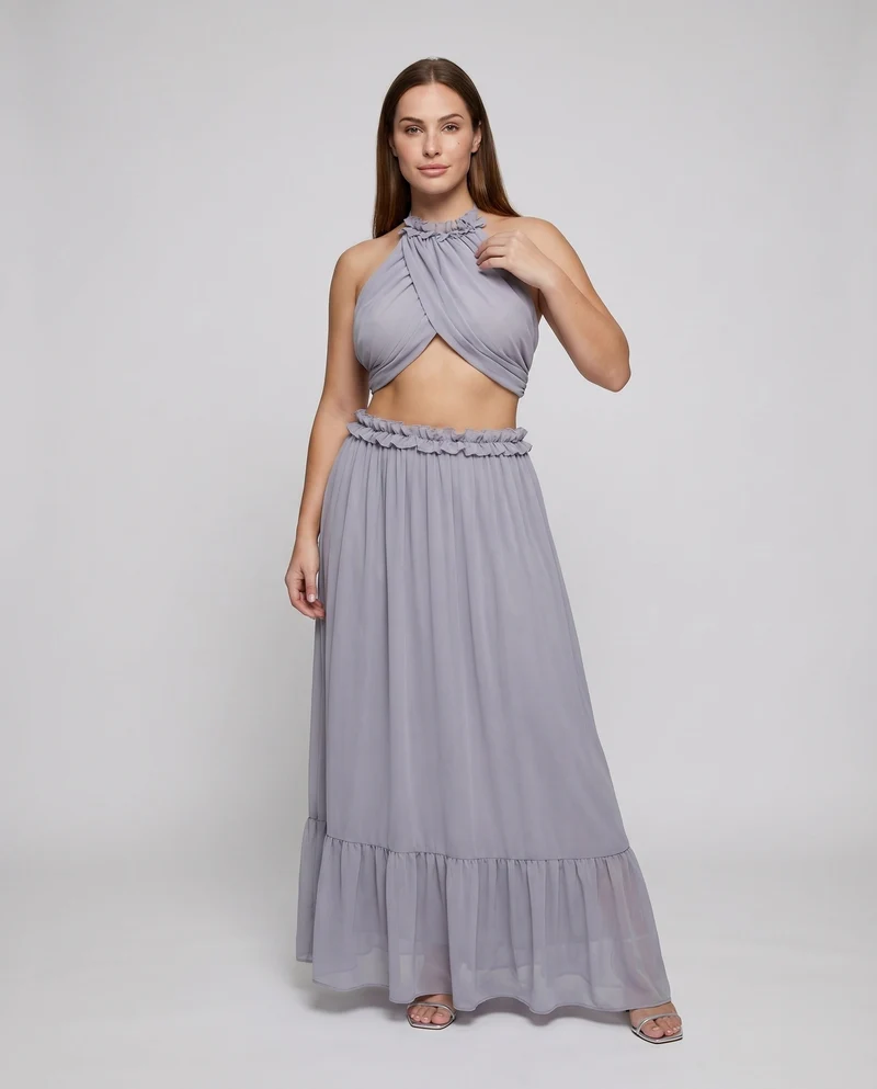 Damen Chiffon-Abendkleid Cutouts Blütenapplikation Halterkragen