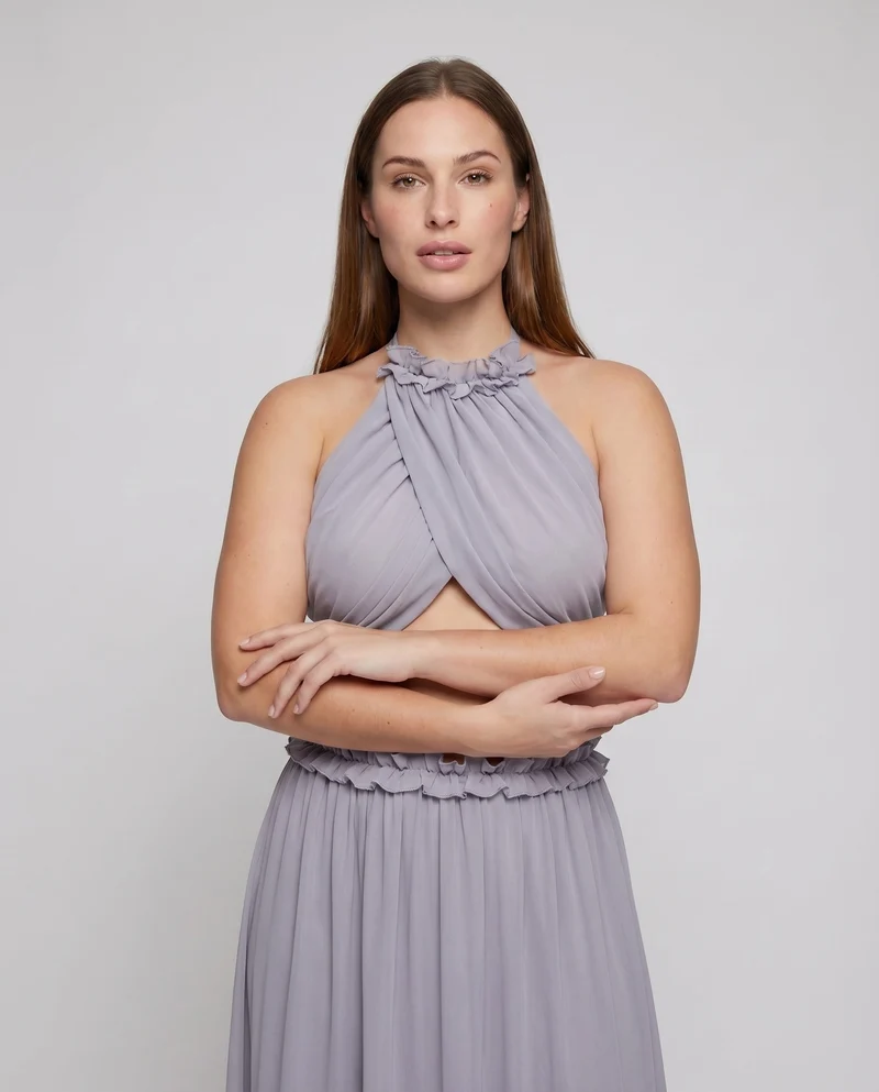 Damen Chiffon-Abendkleid Cutouts Blütenapplikation Halterkragen