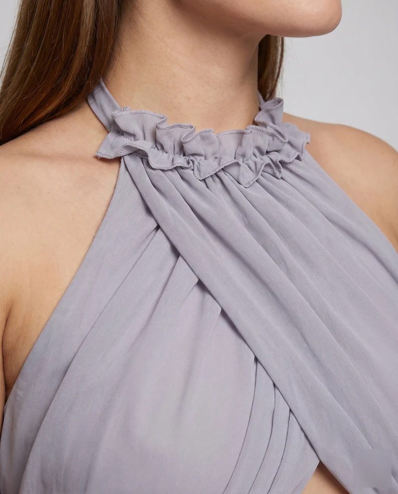 Damen Chiffon-Abendkleid Cutouts Blütenapplikation Halterkragen