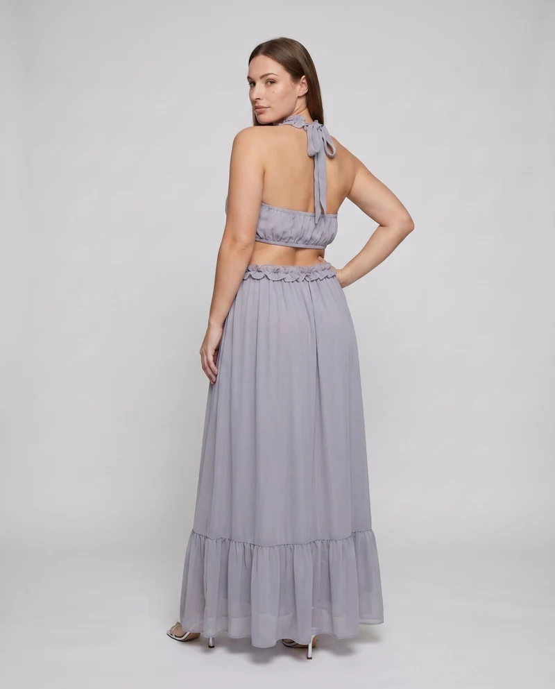 Damen Chiffon-Abendkleid Cutouts Blütenapplikation Halterkragen