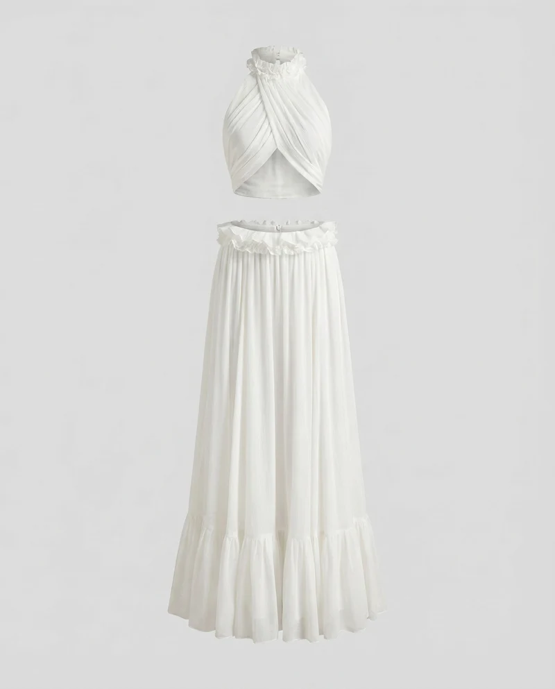 Damen Chiffon-Abendkleid Cutouts Blütenapplikation Halterkragen