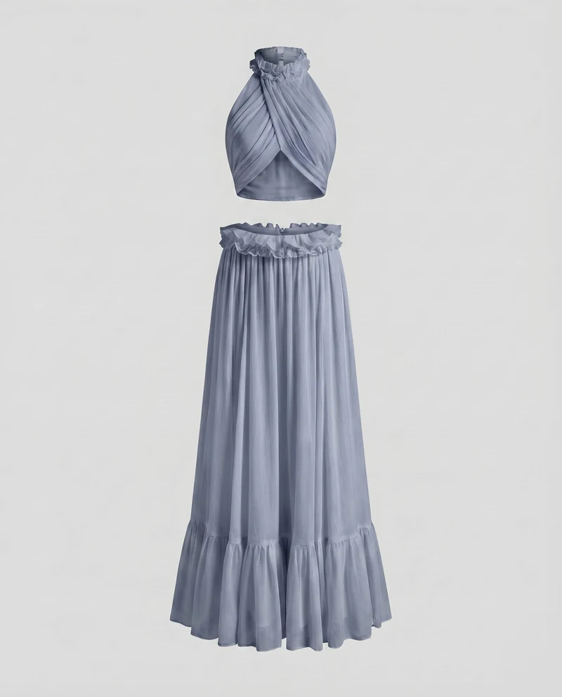 Damen Chiffon-Abendkleid Cutouts Blütenapplikation Halterkragen