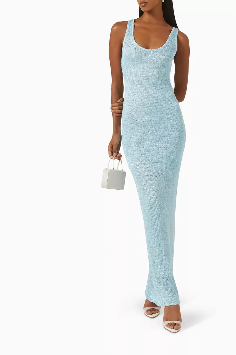 Pailletten-Detail Maxikleid Hellblau