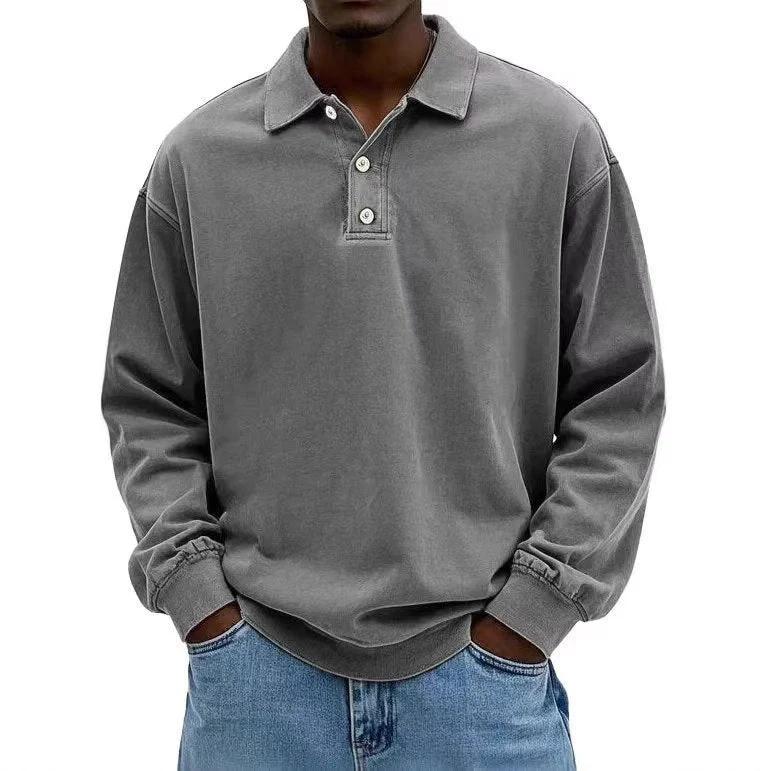 Herren nan lässiges Poloshirt-Sweatshirt mit Kragen, Vintage-Waschung und dreiteiliger Knopfleiste