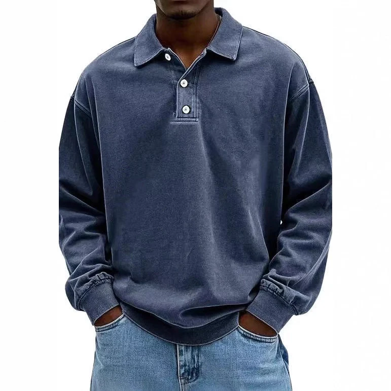 Herren nan lässiges Poloshirt-Sweatshirt mit Kragen, Vintage-Waschung und dreiteiliger Knopfleiste