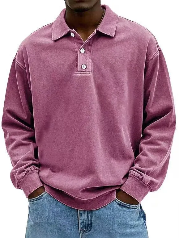 Herren nan lässiges Poloshirt-Sweatshirt mit Kragen, Vintage-Waschung und dreiteiliger Knopfleiste