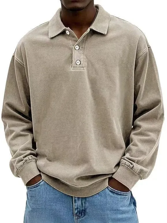 Herren nan lässiges Poloshirt-Sweatshirt mit Kragen, Vintage-Waschung und dreiteiliger Knopfleiste