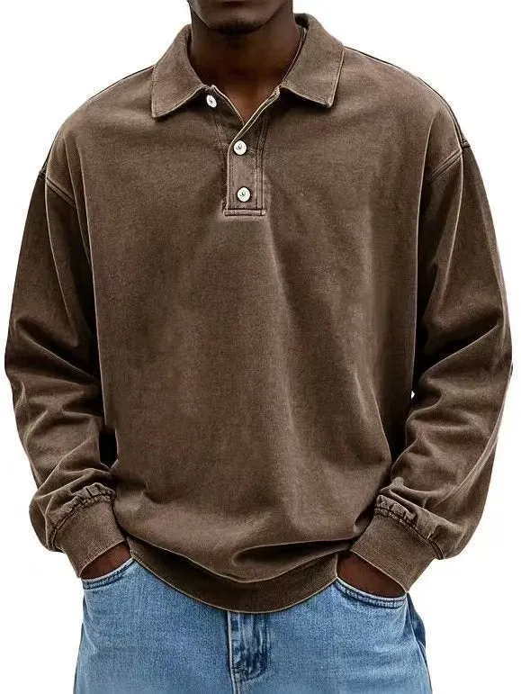 Herren nan lässiges Poloshirt-Sweatshirt mit Kragen, Vintage-Waschung und dreiteiliger Knopfleiste