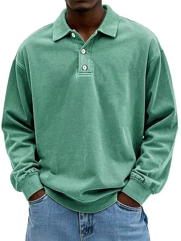 Herren nan lässiges Poloshirt-Sweatshirt mit Kragen, Vintage-Waschung und dreiteiliger Knopfleiste