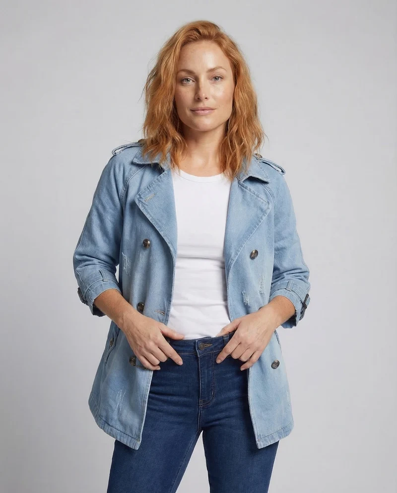 Damen Doppeltreihiger Jeans-Caban Epauletten