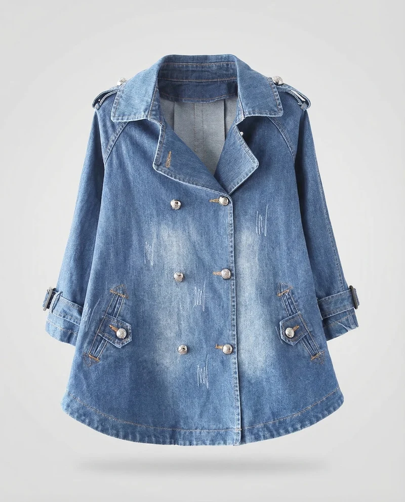 Damen Doppeltreihiger Jeans-Caban Epauletten
