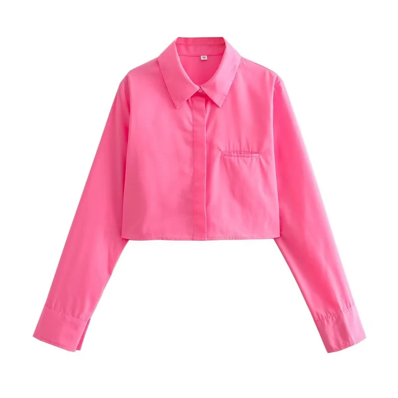 Damen cropped Bluse mit klassischem Kragen und praktischen Brusttaschen Nord Taschen