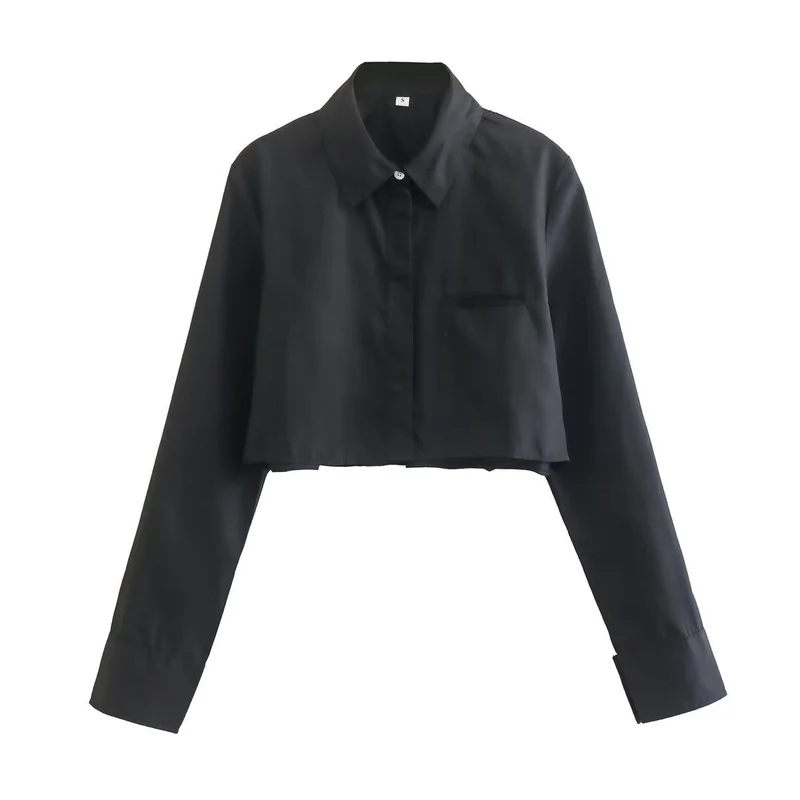 Damen cropped Bluse mit klassischem Kragen und praktischen Brusttaschen Nord Taschen