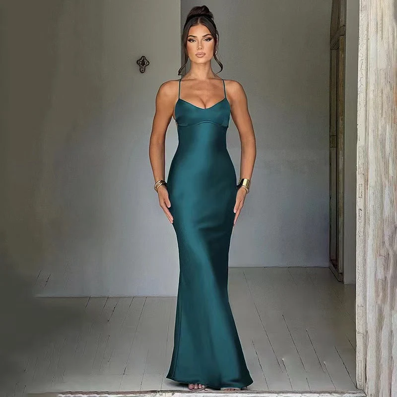 Damen Glamouröses Langarm-Maxi-Kleid mit verstellbaren Trägern und figurbetontem Schnitt
