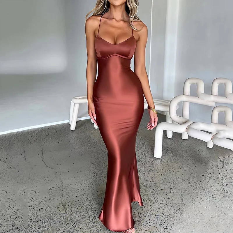 Damen Glamouröses Langarm-Maxi-Kleid mit verstellbaren Trägern und figurbetontem Schnitt
