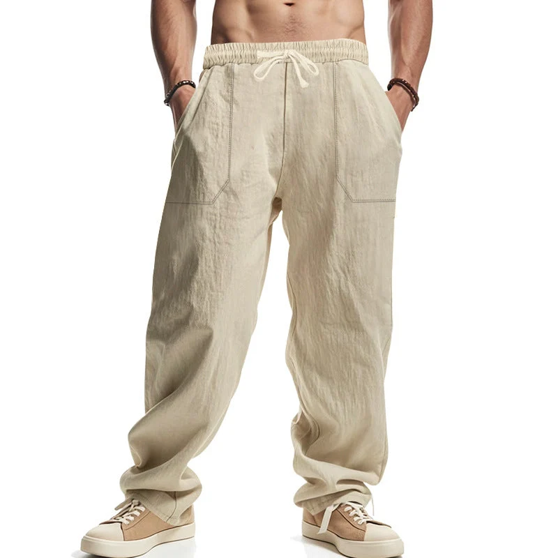 Herren nan lockere Leinenhose mit elastischem Bund, Tunnelzug und großen Eingrifftaschen
