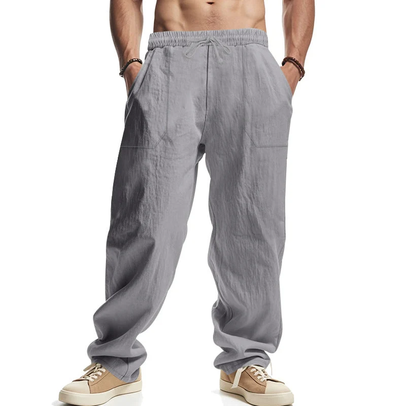 Herren nan lockere Leinenhose mit elastischem Bund, Tunnelzug und großen Eingrifftaschen
