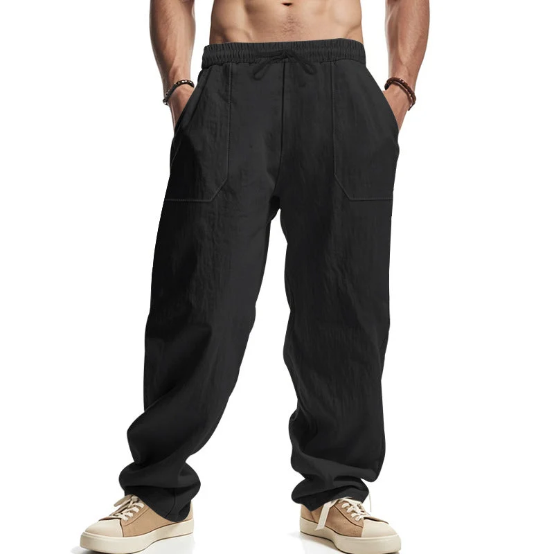 Herren nan lockere Leinenhose mit elastischem Bund, Tunnelzug und großen Eingrifftaschen