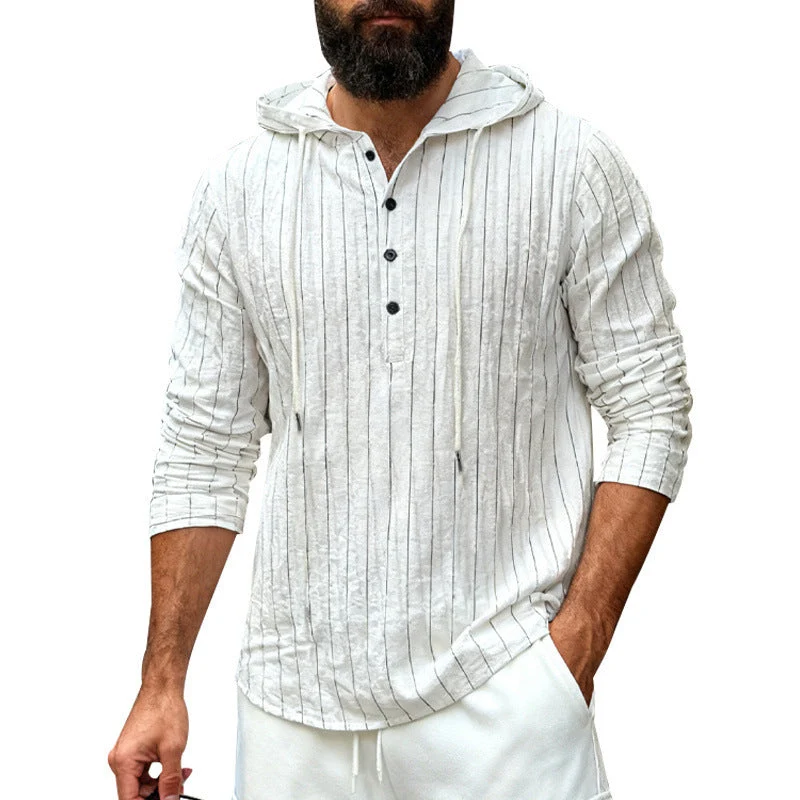 Herren nan Kapuzenshirt aus Leinenmix mit halber Knopfleiste und Nadelstreifen
