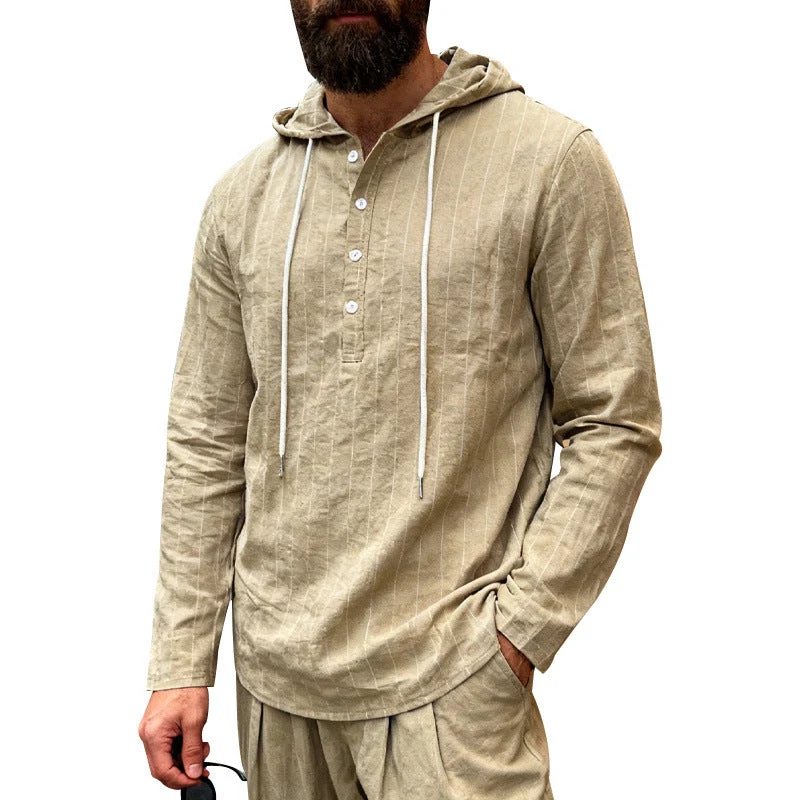 Herren nan Kapuzenshirt aus Leinenmix mit halber Knopfleiste und Nadelstreifen