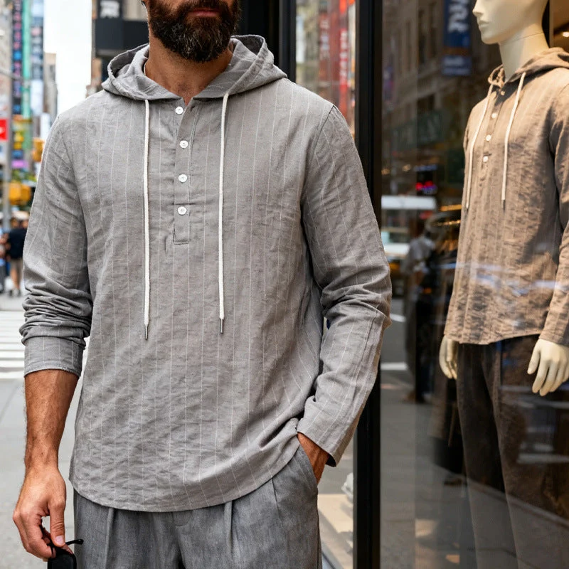 Herren nan Kapuzenshirt aus Leinenmix mit halber Knopfleiste und Nadelstreifen