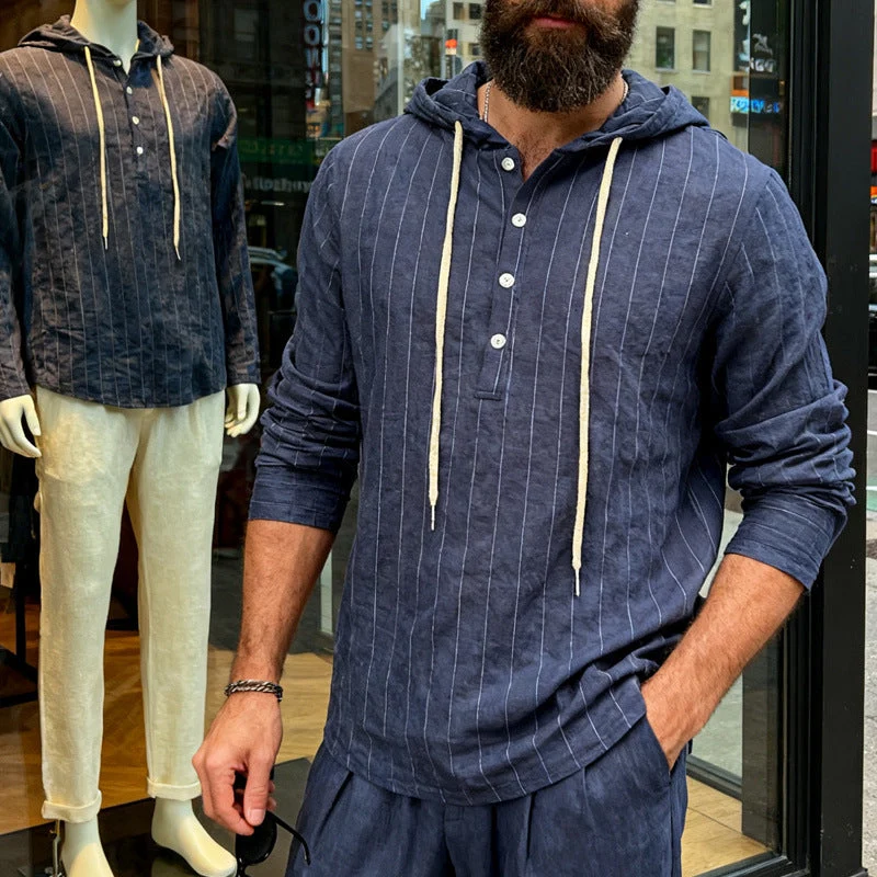 Herren nan Kapuzenshirt aus Leinenmix mit halber Knopfleiste und Nadelstreifen