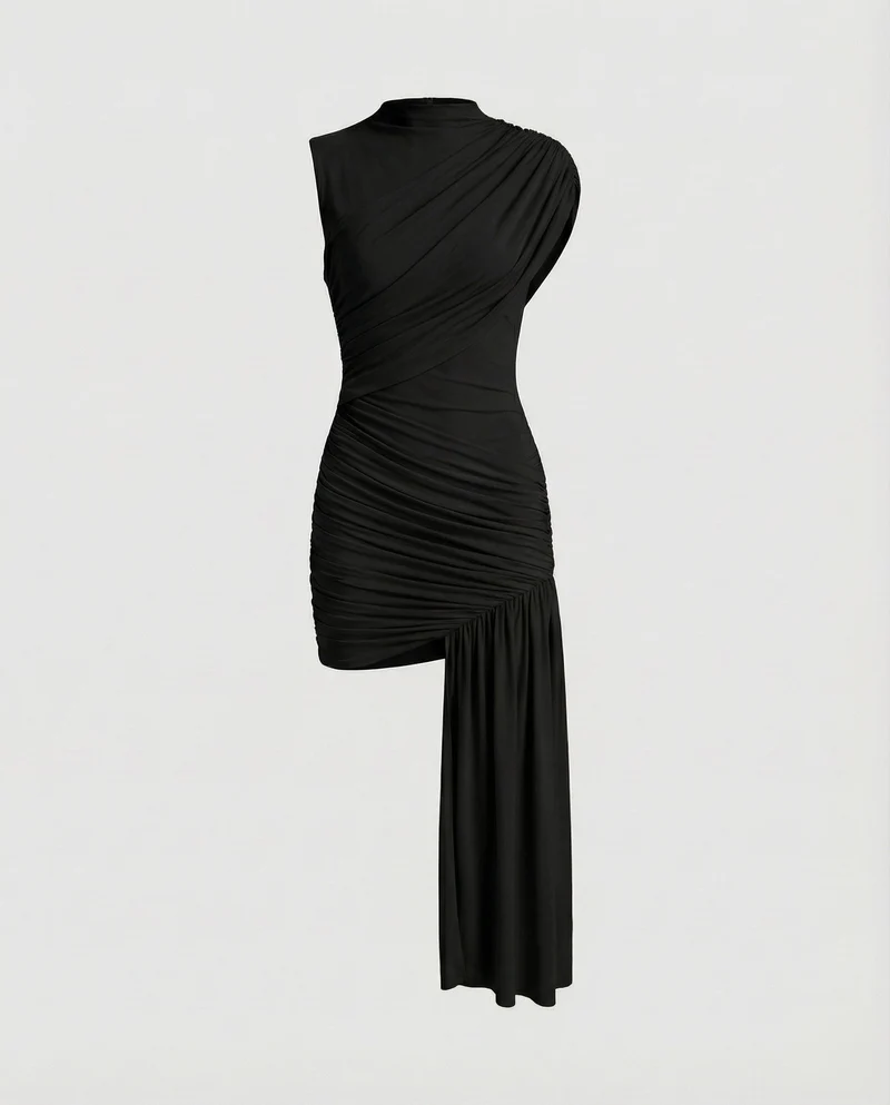 Damen Asymmetrische Schulter MischgewNord Taschene Abendkleid