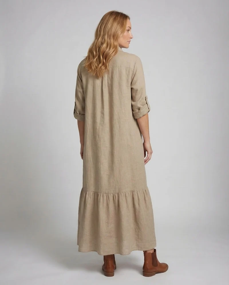 Damen Maxikleid Hemd-Schnitt Volantkante