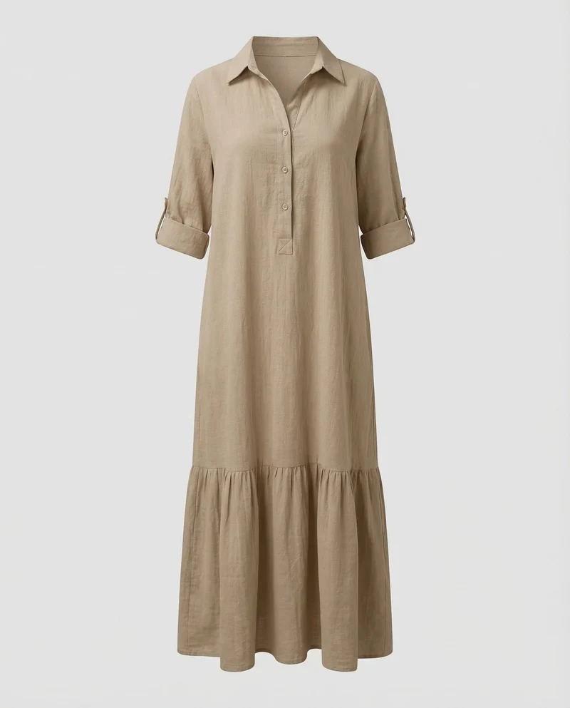 Damen Maxikleid Hemd-Schnitt Volantkante