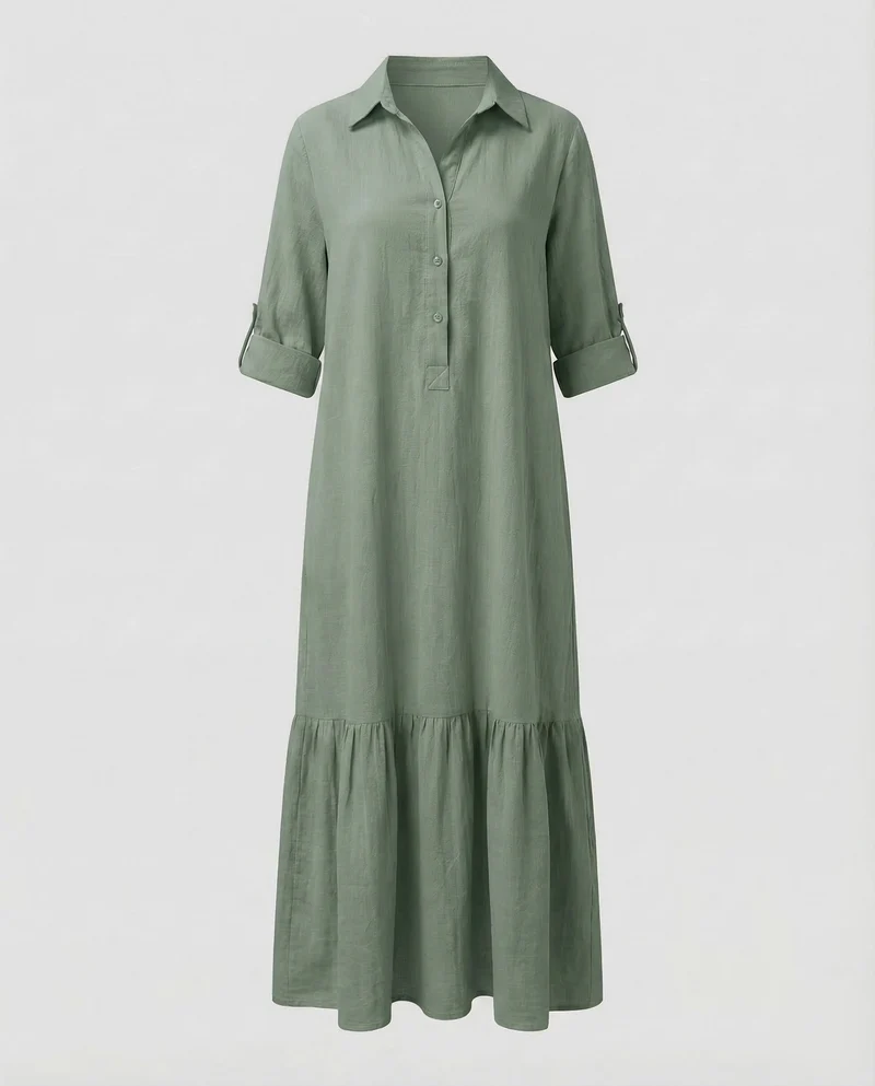 Damen Maxikleid Hemd-Schnitt Volantkante