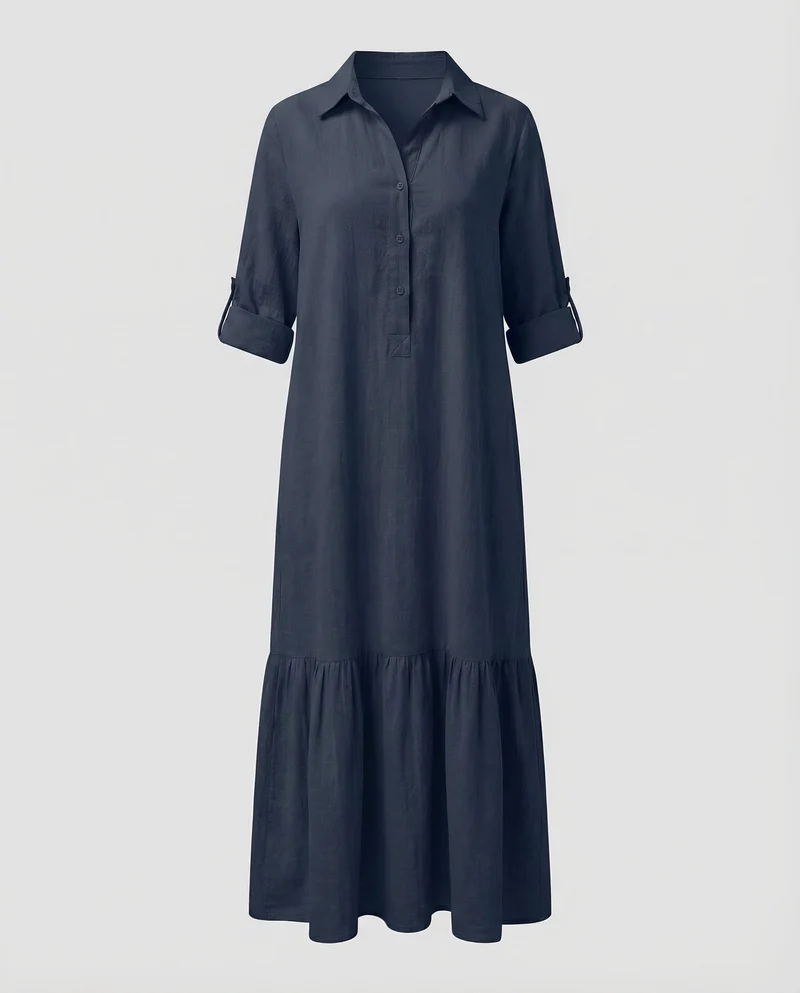 Damen Maxikleid Hemd-Schnitt Volantkante
