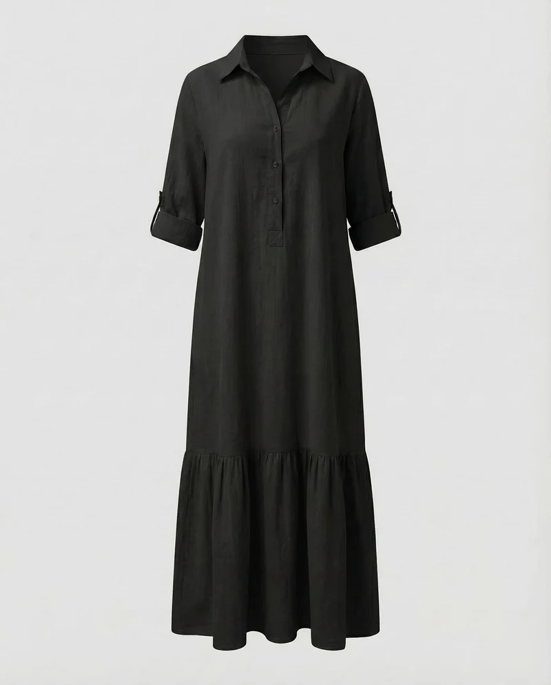 Damen Maxikleid Hemd-Schnitt Volantkante