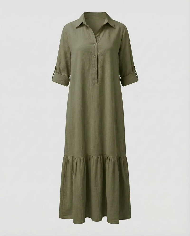 Damen Maxikleid Hemd-Schnitt Volantkante
