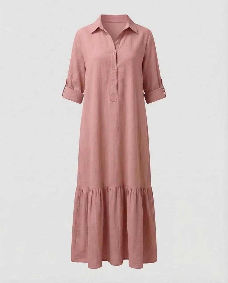 Damen Maxikleid Hemd-Schnitt Volantkante